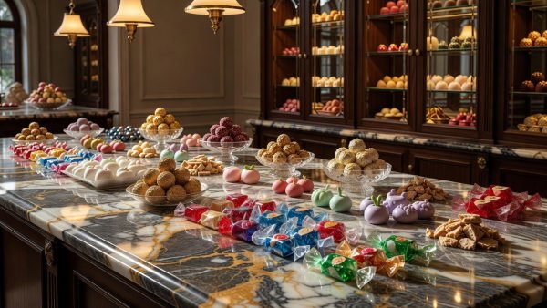 Artisan candy display boutique with luxurious marble countertops and handcrafted sweet assortments
