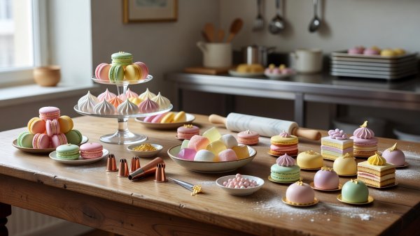 Master confectioner desk area displaying premium pastel sweets and meticulously crafted artisan desserts