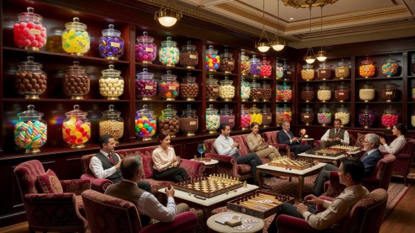 Sweet shop game lounge featuring elegant glass jars filled with colorful candies and premium chocolate treats